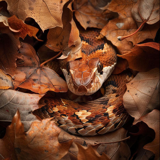 Copperhead snake camouflaged among autumn leaves