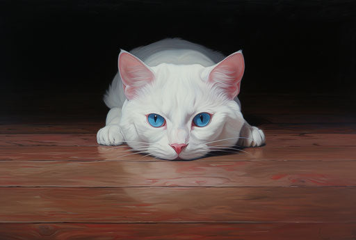 White feline on dark beige and blue oak floor