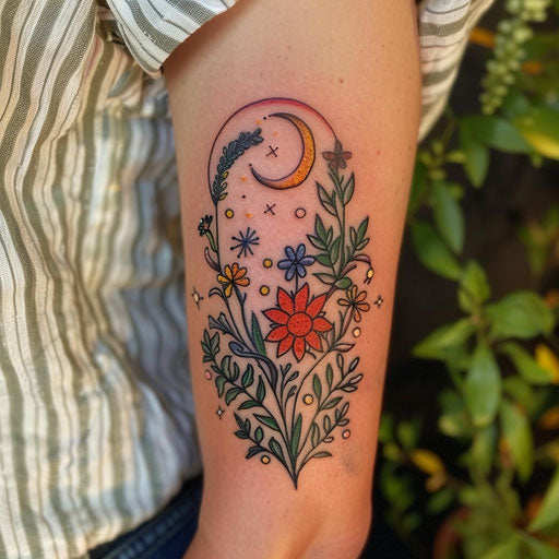 Wildflower tattoo with crescent sun and moon, contrasting elements, vibrant colors