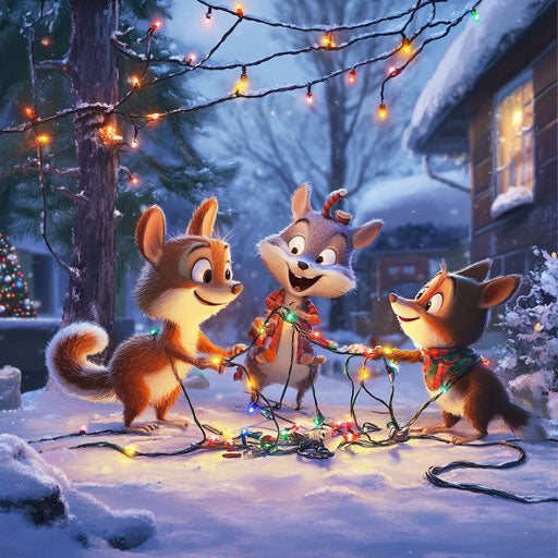 Cartoon animals' misadventures setting up outdoor Christmas lights