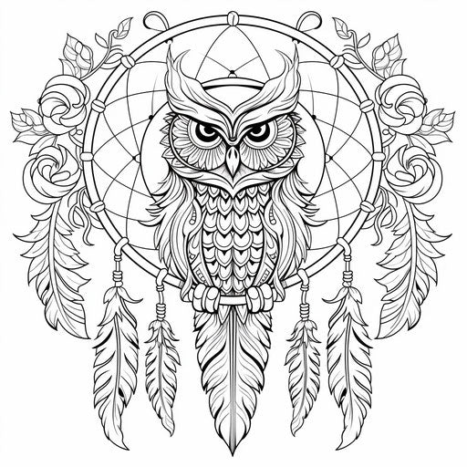 Dream catcher with owl and feathers coloring page