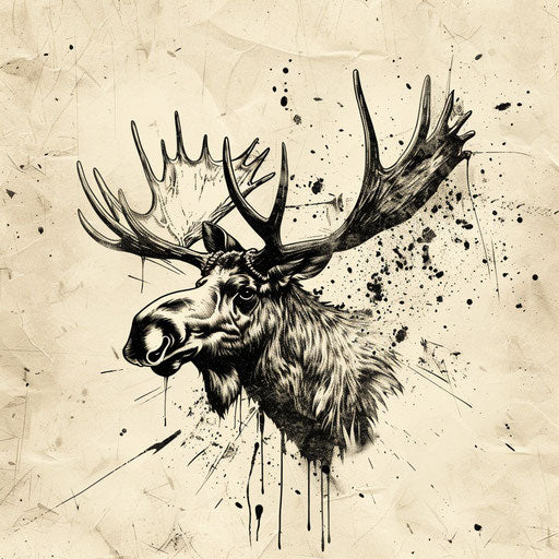 Dynamic flat tattoo sketch of a moose with splatter