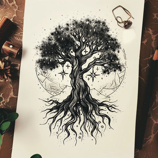 Sketch of a mystical tree with roots and stars tattoo