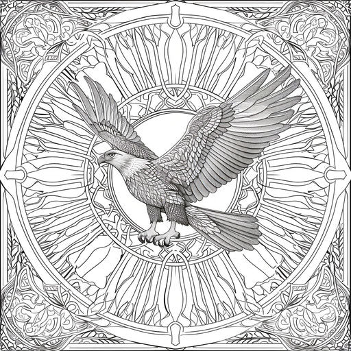 Mandala with an eagle in the center, surrounded by intricate patterns