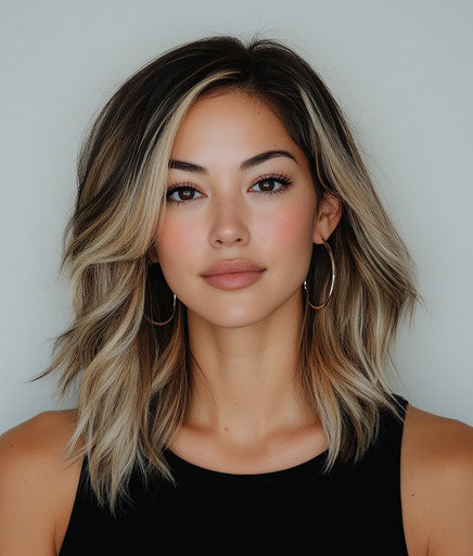 Portrait of an attractive woman with shoulder-length hair, blonde highlights and dark roots