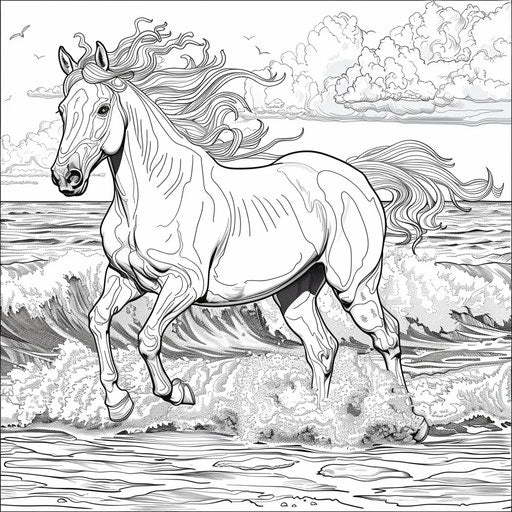 Horse running on a beach with crashing waves