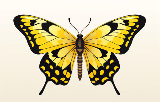 Yellow and black butterfly flying on white background, colorful graphic style