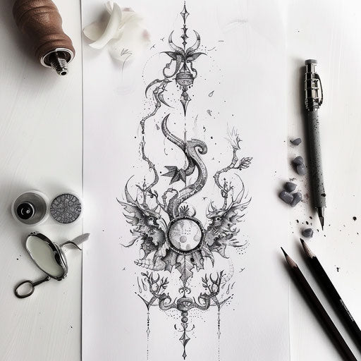 Fantasy tattoo sketch of a hakuna matata symbol with whimsical elements