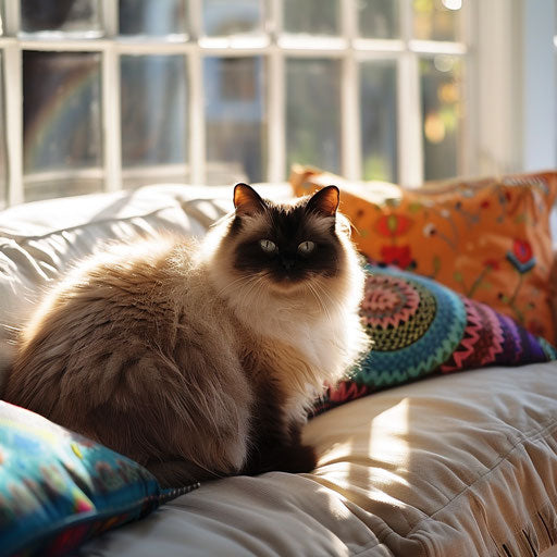 Himalayan cat in a sunlit room with colorful pillows