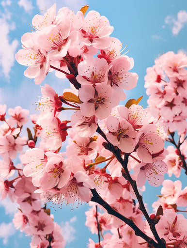 Pink cherry blossoms against blue sky