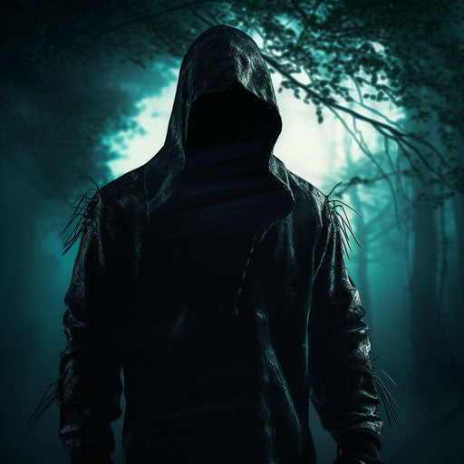 The hooded man standing up in the style of light and shadow contrast