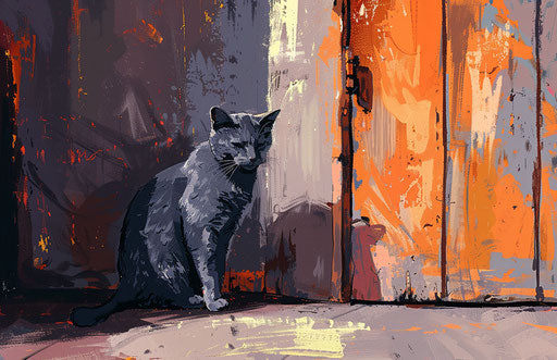 Gray cat sitting next door, light purple/light orange style, polished surfaces, light indigo/amber, energetic and bold