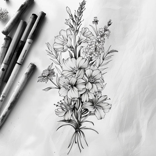 Stylish flat drawing of a birth flower bouquet with elegant larkspurs and asters