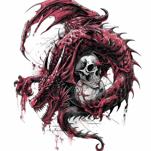 Black dragon gripping skull on white background