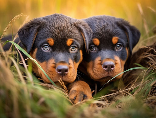 Rottweiler puppies playing in the grass, dark orange and dark blue