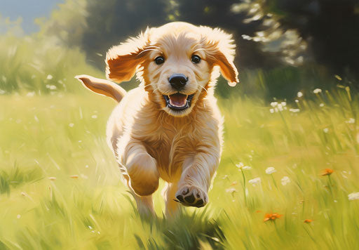 Puppy running in a green grass field