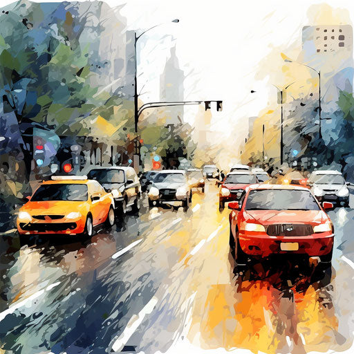 Traffic illustration in the style of Impressionistic Art, on white background