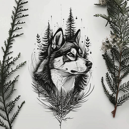 Elaborate flat tattoo design with a husky among pine trees