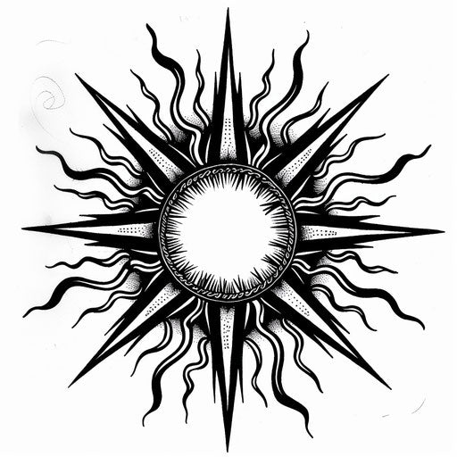 Sketch of a tribal sun with sharp rays and patterns, in clipart style, flat black ink