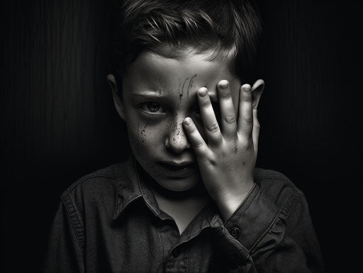 A boy crying with hand on face