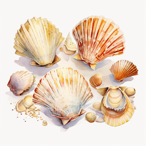 Shells clipart in the style of Oil painting, on a white background