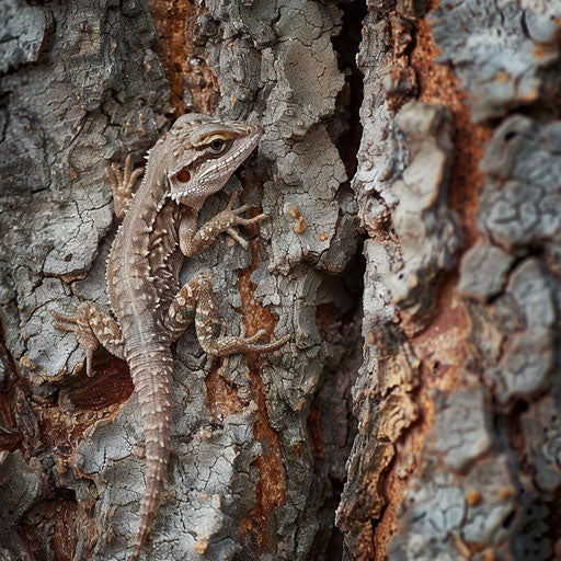 A lizard blending into the bark of a tree in the style of Roeselien Raimond