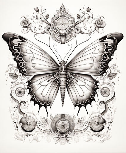 Drawing butterflies in ink, folk art style influences, alla prima, layered patterns, steampunk creatures