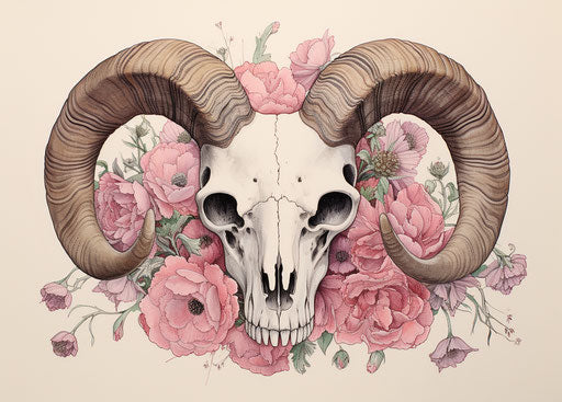 Ram skull with flowers on pink background, queercore style, earthy naturalism, jessie arms botke, wiccan 25:18