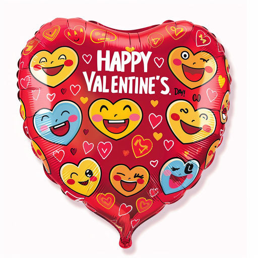 Vibrant red heart-shaped balloon with happy emojis and 'HAPPY VALENTINE'S DAY!'