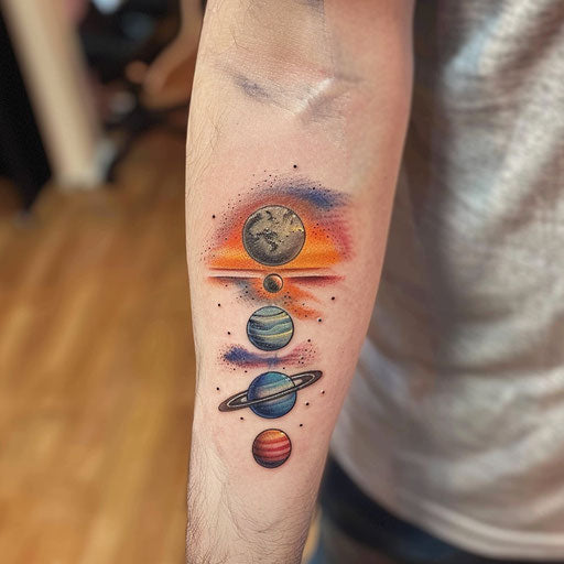 Surreal sunset tattoo with planetary alignment in the twilight