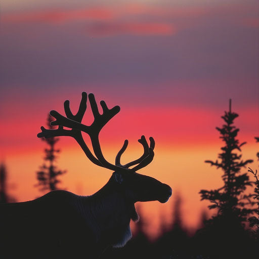 Woodland caribou silhouette against sunset sky