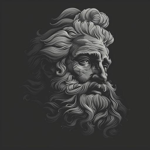 Zeus clipart rendered in a realistic style on a flat, dark charcoal background, accentuating dramatic contrast and intricate detail