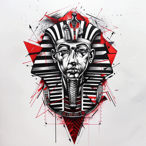 Energetic flat tattoo sketch of a pharaoh with a dramatic red and black color scheme
