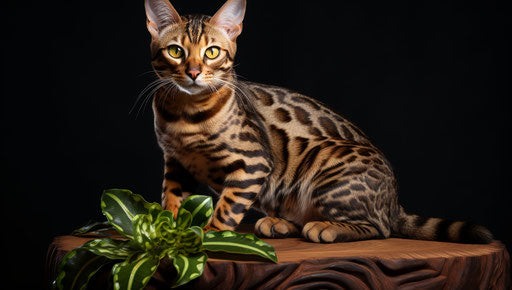 Bengal cat on stump, bold light gold patterns