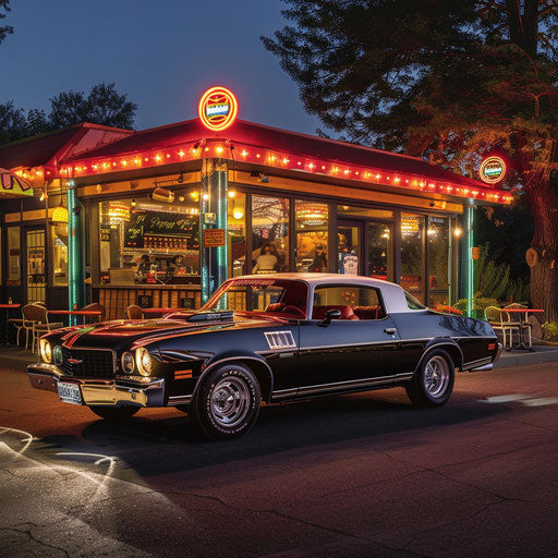 1976 Malibu Classic restomod with modern technology and vintage style, parked outside a classic diner