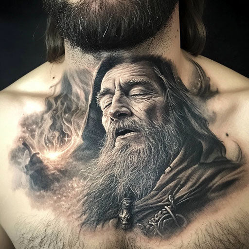 Throat tattoos for men with a wizard casting a spell