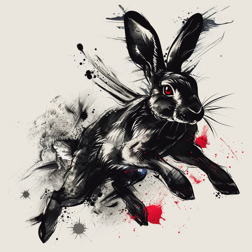 Dynamic flat tattoo sketch of a leaping black rabbit with abstract splash effects