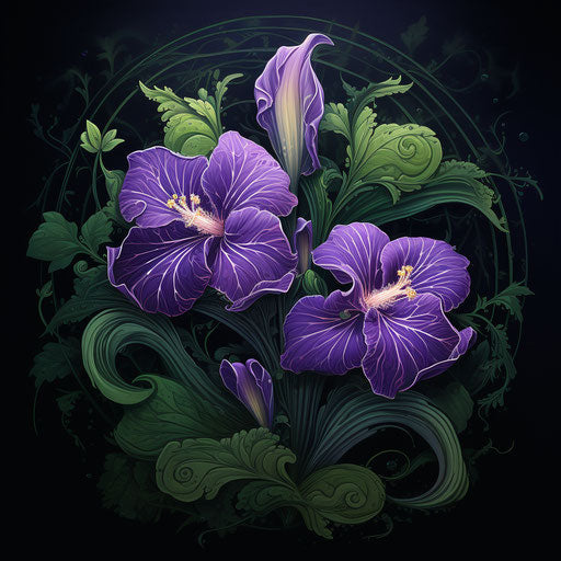 Two purple flowers in greenery, paleocore style, symmetrical asymmetry