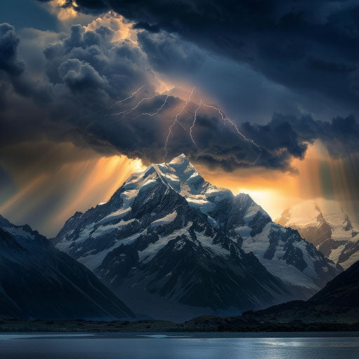 Mount Cook, New Zealand with dramatic storm clouds and light beams