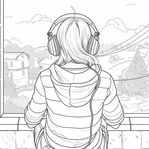 Peaceful scene of a person listening to music with headphones. Coloring book page