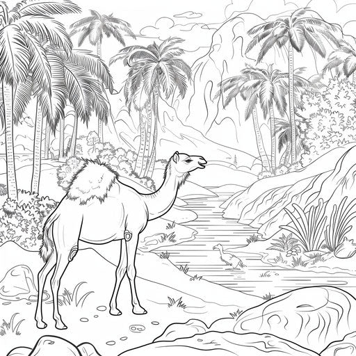Camel at Oasis: Fun coloring book scene