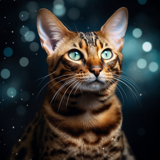 Pet cat art photo in the style of Bengal school, dark beige and emerald, explosive pigmentation, polka dot madness, light maroon and gold, fawncore, shadowy intensity