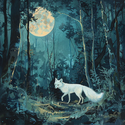White fox quietly moving through forest on moonlit night
