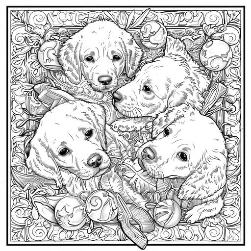Puppies playing with toys. Coloring book page