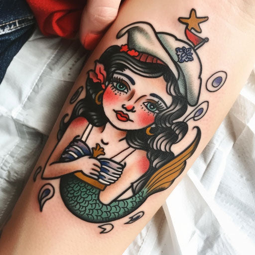 Mermaid sailor tattoo in American traditional style