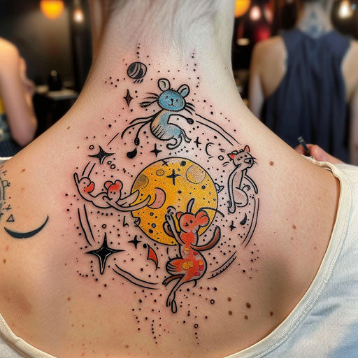 Full moon with cartoon animals in bright colors