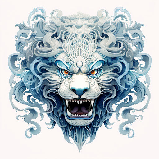Ice blue lion in techno shamanism style, classic tattoos