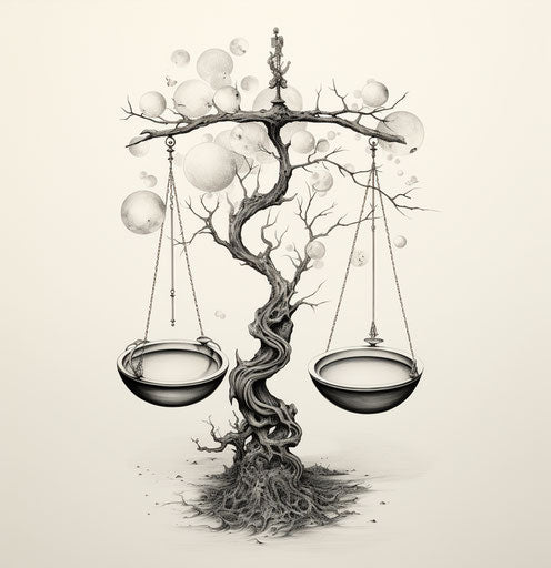 Black and white drawing of scales, life force style, delicate flora