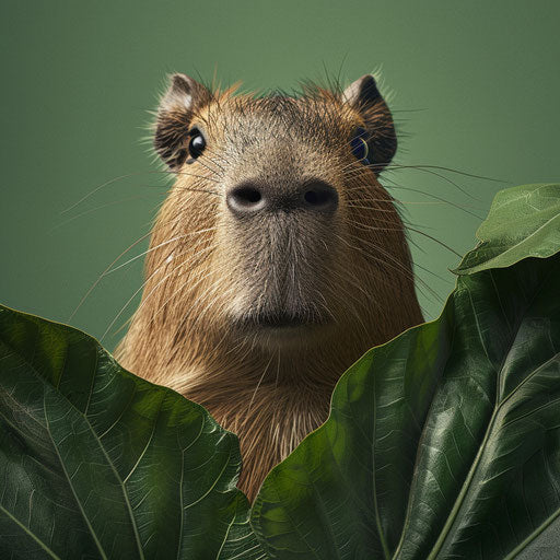Cheeky capybara peeking from behind a big leaf
