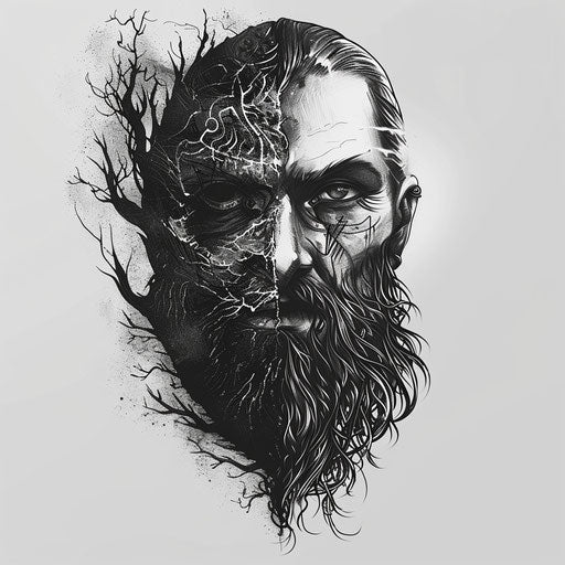 Reflective monochrome sketch of a partially shadowed face